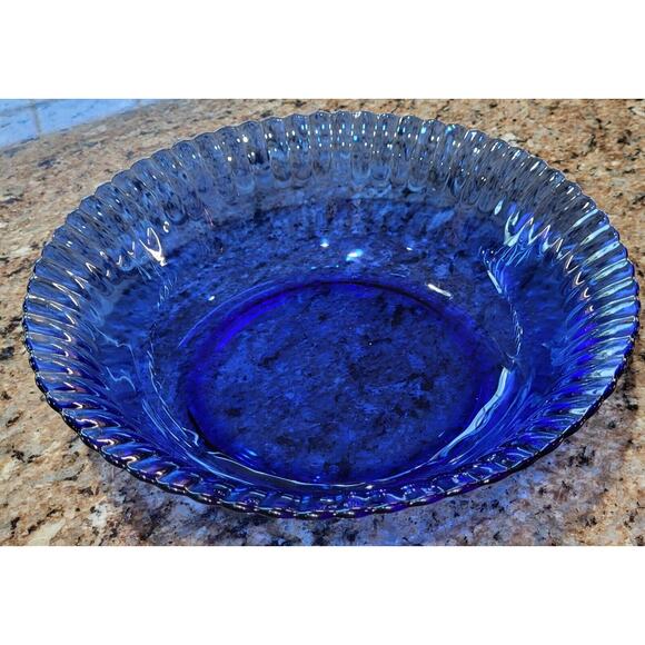 Vintage COLOREX 9.5” Serving Bowl Made In Brazil Cobalt Ribbed Glass Edge - Picture 11 of 11